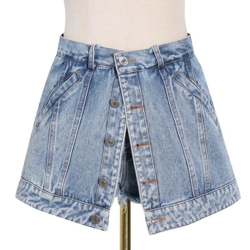 

2021 New Summer Fashion Denim Shorts Skirts High Waist Patchwork Women Pants Design Skinny Fake Two Piece Female Trousers 13A137