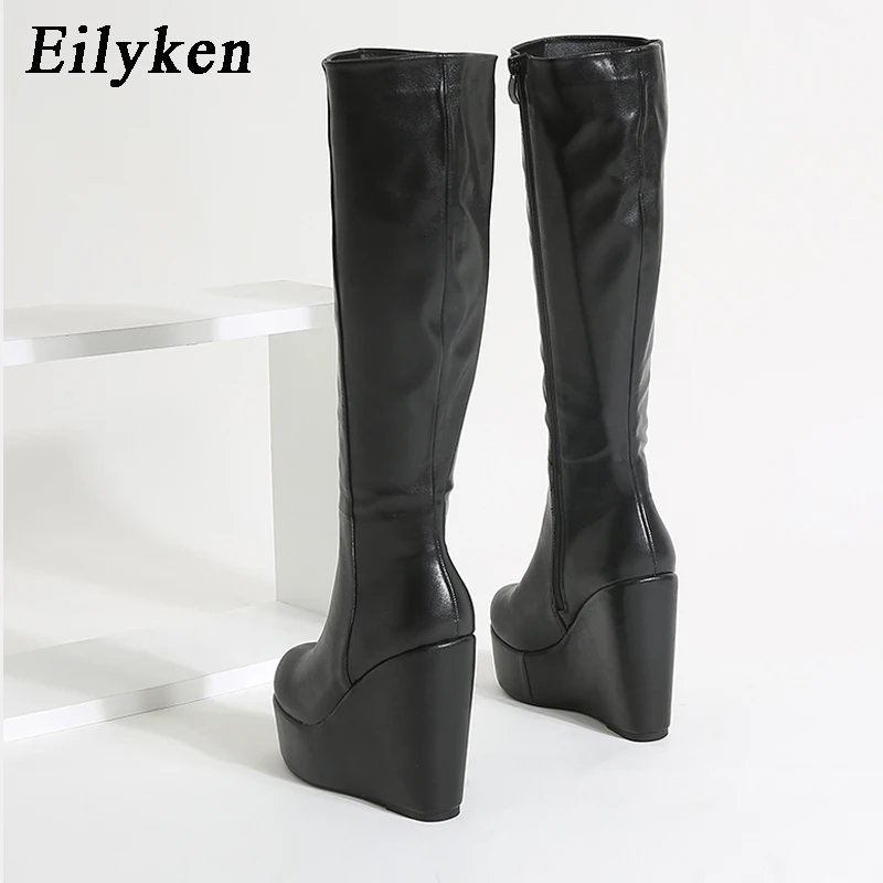 Eilyken/Новые сапоги до колена на танкетке Сезон осень-зима Модные женские черные