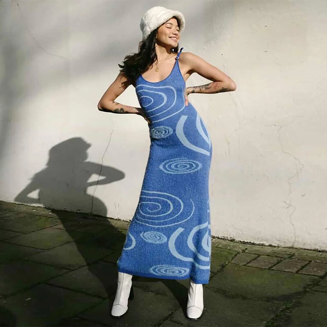 

Midi Knit Bodycon Dress Women Hollow Out Summer Green Dress Y2K Sexy Sleeveless Sweater Dresses Spaghetti Strap Beach Dresses