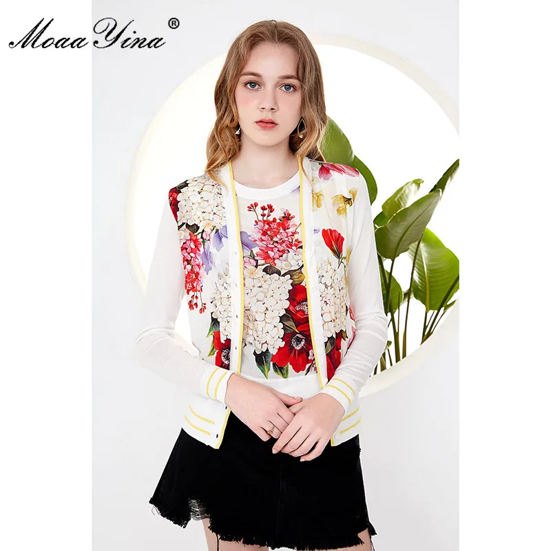 MoaaYina Spring Autumn V-neck Long sleeve Cardigans Knitting Tops Women's Elegant Floral-Print Silk Sweater Thin Coat