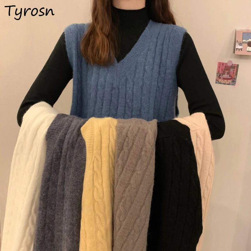 

Women Candy Color Sweater Vests Solid V-neck Jumpers Elegant Female Sleeveless All-match Retro Twist Knitting Soft Tender Trendy
