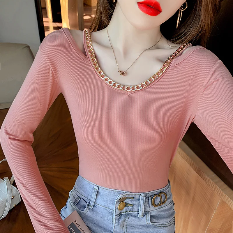 

WWENN Spring Top Sexy Off Shoulder T Shirt Women Chain T-Shirt Korean Woman Clothes Slim Tshirt Female Long Sleeve Autumn Tops