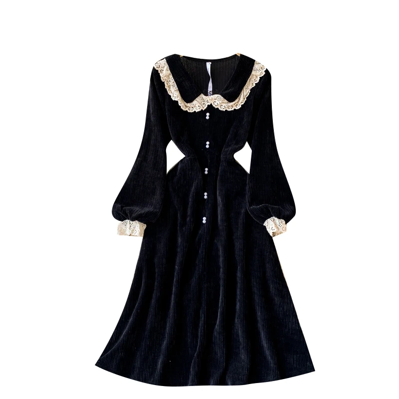 

2021 spring new women turn down collar sequins lantern sleeve Corduroy with lace fairy A-line dress female Chic elegant dresses