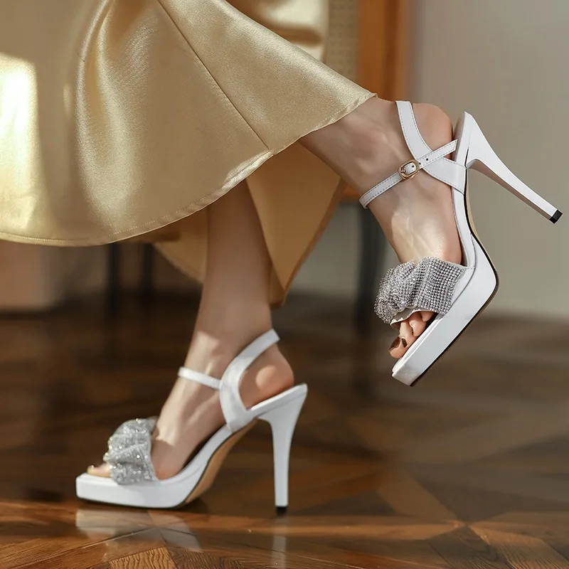 

plus size sexy lady fashion women's party shoes crystal thin high heels open toe summer leather sandals woman party wedding shoe