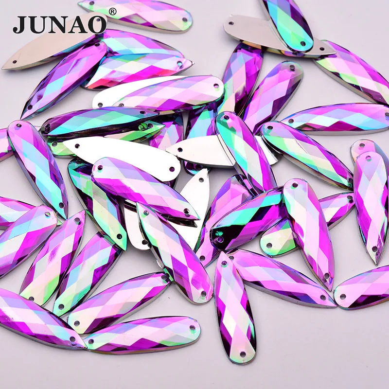 

JUNAO 30Pcs 8*28mm Sew On Purple AB Color Teardrop Rhinestones Bridal Dress Stones Applique Flatback Acrylic Crystals Strass