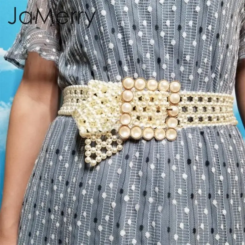JaMerry элегантный женский пояс с жемчугом эластичная Пряжка жемчужная цепочка для