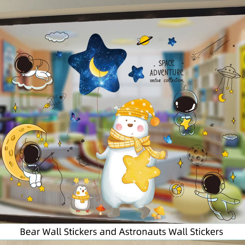 

[SHIJUEHEZI] Outer Sapce Astronaut Wall Stickers DIY Bear Animal Mural Decals for Kids Rooms Children Nursery Home Decoration