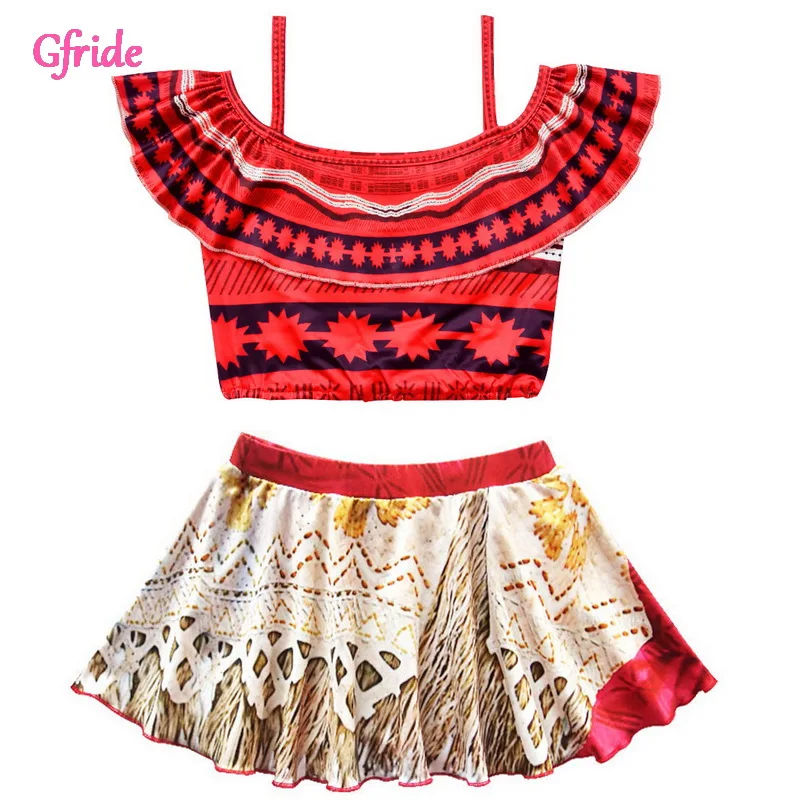 

Girls Princess Moana Costume Maui Swimwear For Kids Beachwear Children Swimsuit Swimming Cartoon Bathing Suit Tops Skirts Sets