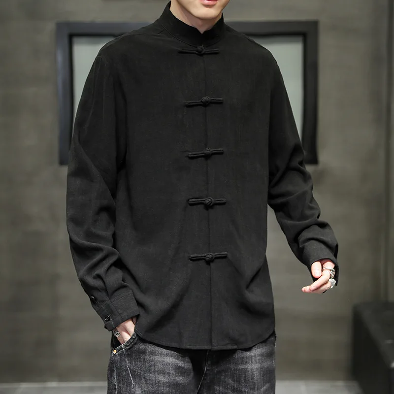 2021 Spring Autumn New Chinese Style Button Shirts for Men Cotton and Linen Long Sleeve Solid Color Kung Fu Tai Chi Top | Тематическая