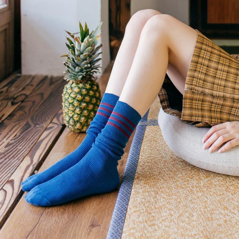 Японские длинные носки в полоску женские Хлопковые гольфы школьные теплые