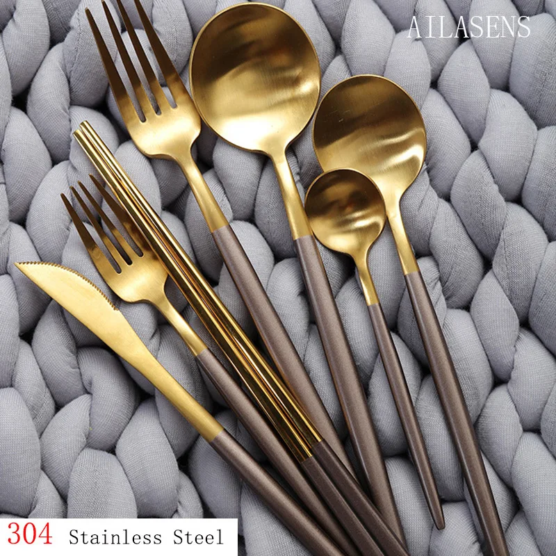 

AILASENS 24pcs Coffee Gold Dinnerware Sets 304 Stainless Steel Tableware Sets Knife Forks Spoons Flatware Set Mirror Cutlery Set