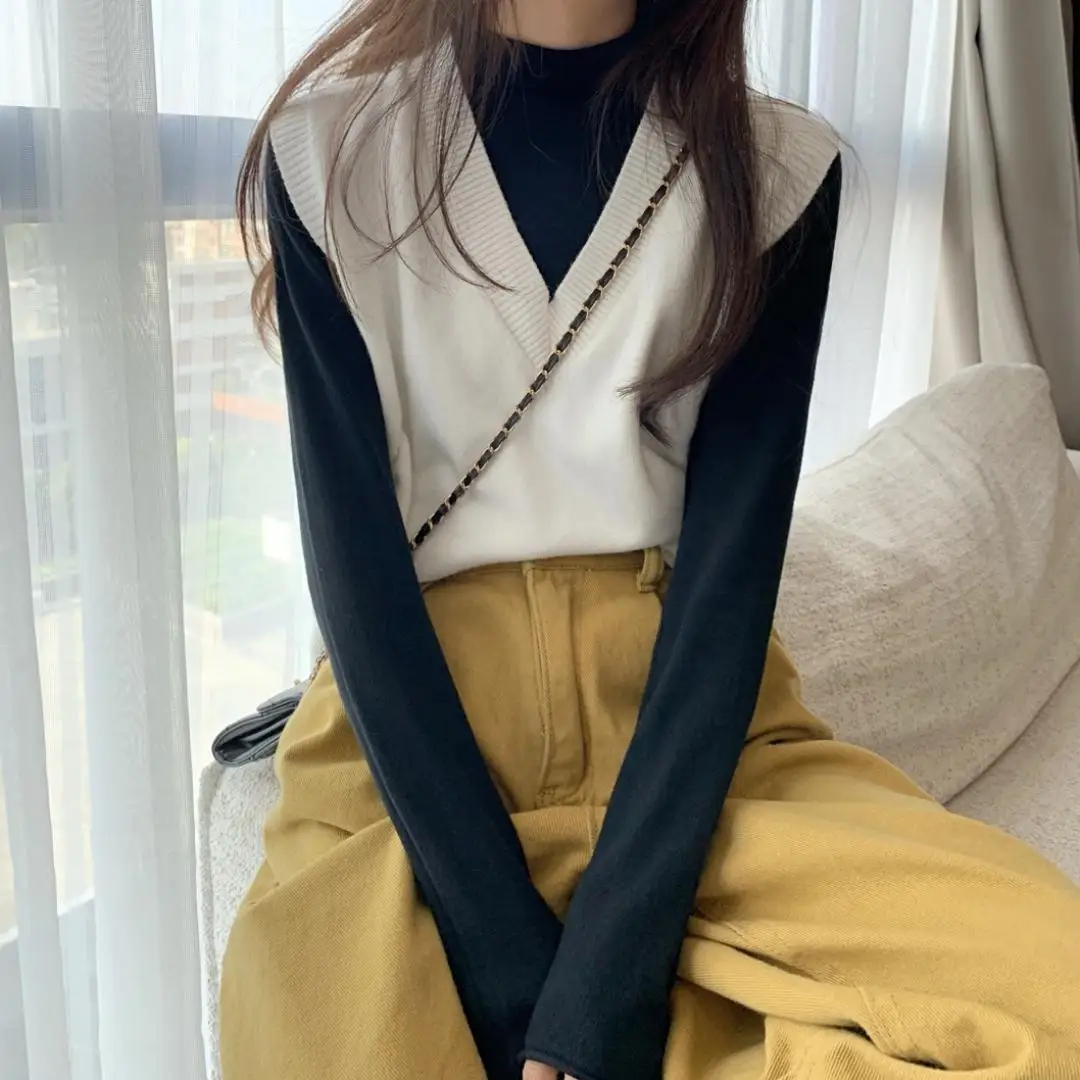

Autumn Winter Women Sweater Vest Simple All-match Patchwork Korean Harajuku Style V-neck Knitted Sweater Sleeveless Vintage Vest
