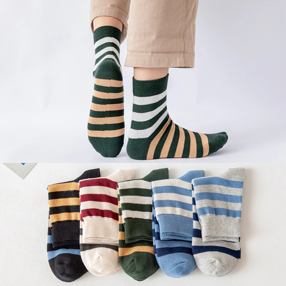 

5 Pairs/Lot New Men's Socks All-match Fashion Striped Style Casual Cotton Socks Male Comfortable Soft Mid Stockings Calcetines