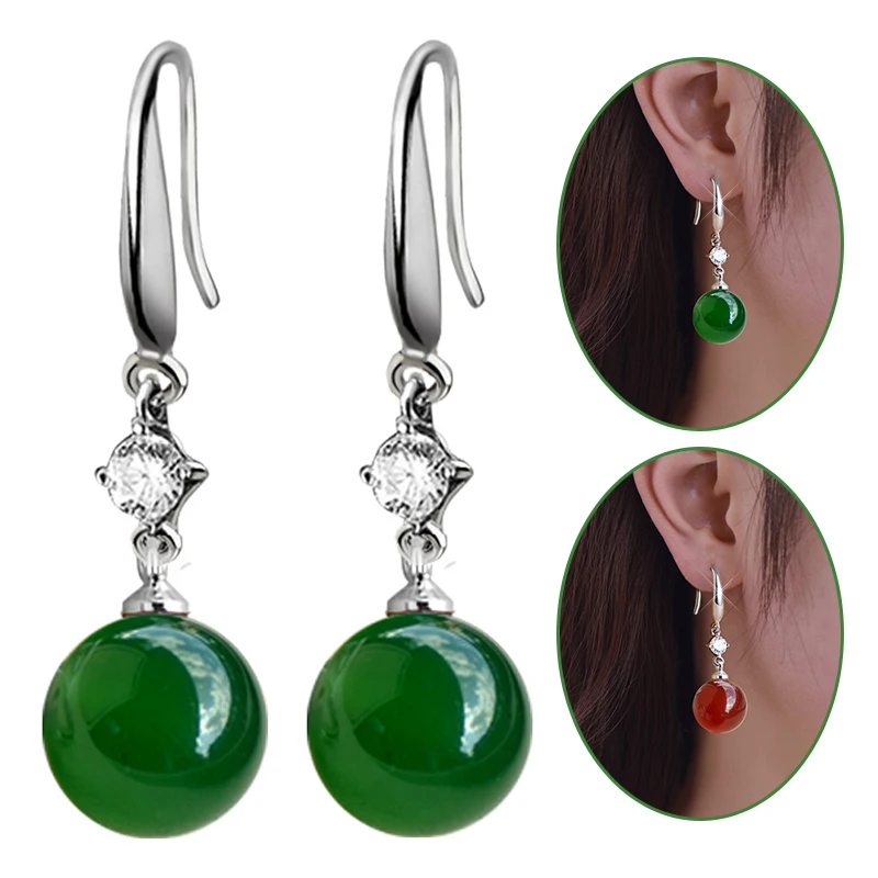 Серьги серебряного цвета Зеленые Круглые Капли Воды натуральный цвет камень