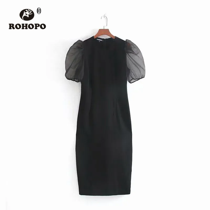 ROHOPO Tulle Puff рукав круглый воротник назад подол скольжения Bodycon черное женское платье-миди элегантные тонкие Вечерние платья#9352
