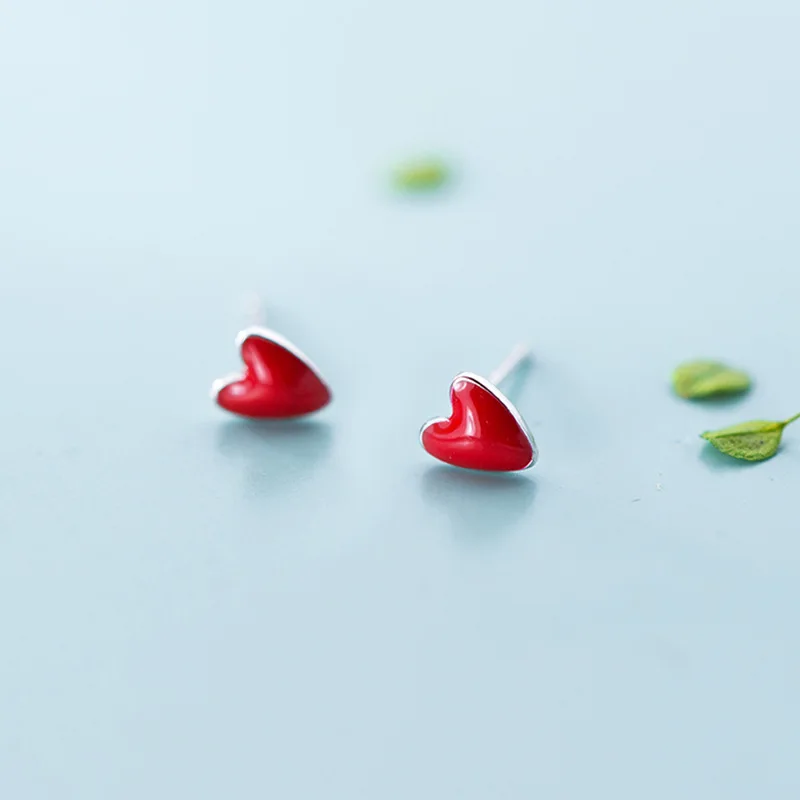 Женские серьги пусеты Trusta из 100% серебра 925 пробы с красным сердечком подарок на