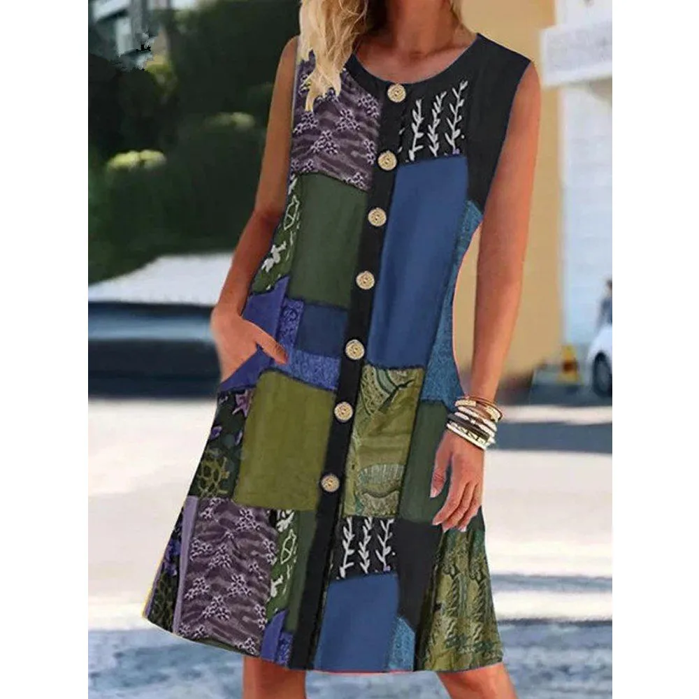 

Plus size 4xl 5xl Ladies Vintage Chic Dress Women Sleeveless Patchwork Botton Party Dresses 2021 Summer Casual Boho A-Line Dress