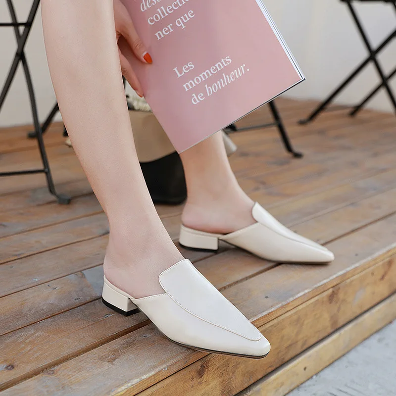 Мюли женские на толстом каблуке однотонные шлепанцы квадратный носок