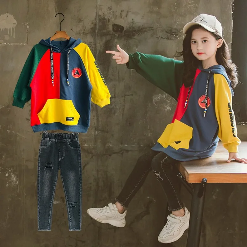 2019 осенний свитер для девочек хлопковый топ с капюшоном + джинсовые штаны