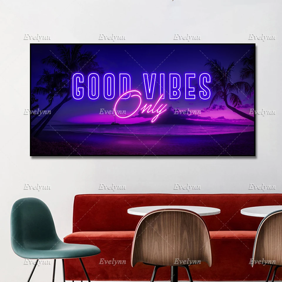

Modern Hd Print Poster Modular Pictures Creative Canvas Art -"Good Vibes Only" Quote Neon Style Wall Art Office/Home Decor Frame
