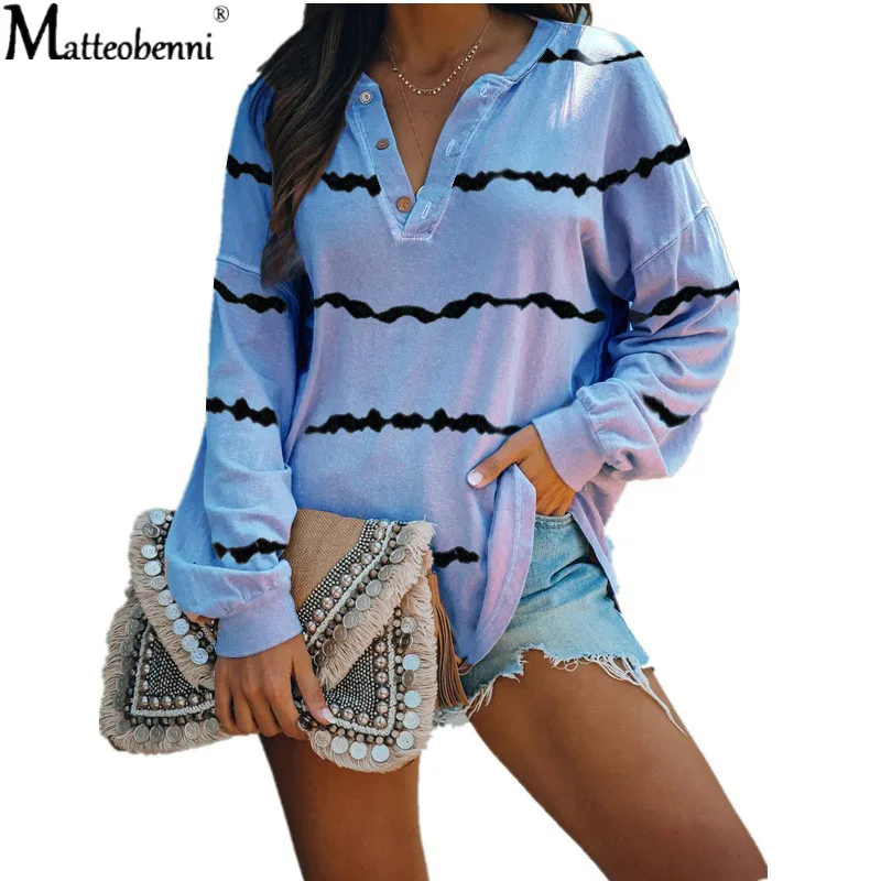 

Autumn Women Sexy V-Neck Stripe Print T Shirts Long Sleeve Button Loose Pullover T-Shirt Fashion Basic Casual Tops Plus Size