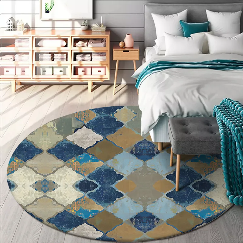 

Fashionable modern European abstract oil painting geometry Morocco blue living room bedroom basket chair round mat carpet
