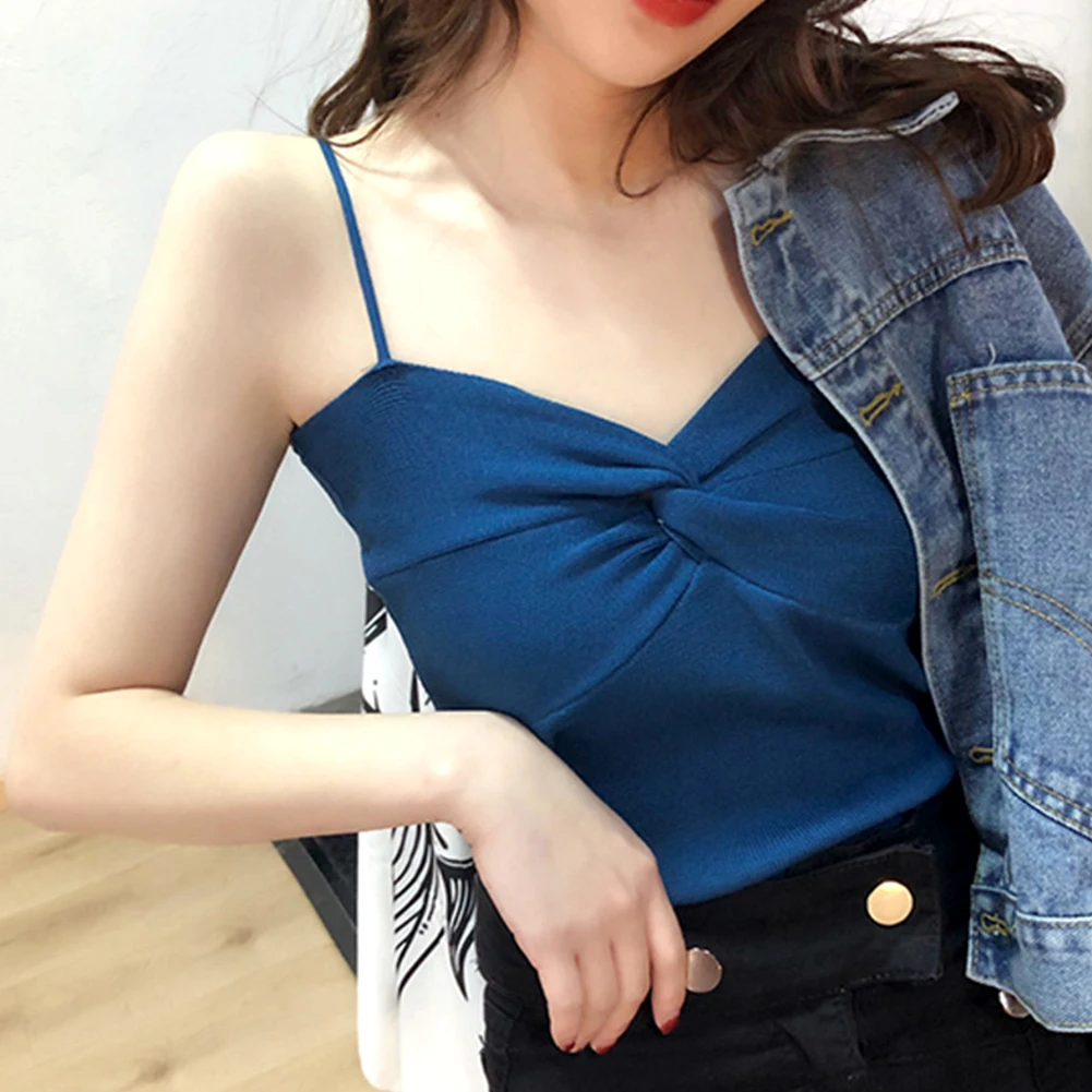 

2020 Summer Women Sexy Knot V Neck Sleeveless Basic Spaghetti Strap Camisole Vest For Party