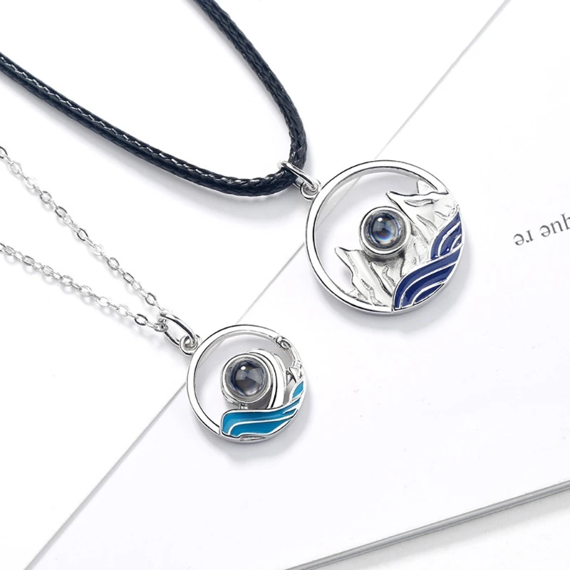 

2Pcs 100 Different Language I Love U Nanotechnology Lover Pendant Necklace Mountain Range Ocean Weave Lovers Jewelry Set R9JE