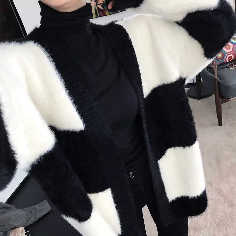 

Women Stripe Knitted Cardigan Mink Fur Jacket