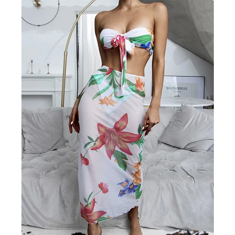 

Floral Print Bikinis Sexy 3 Piece Swimwear Women Bandeau Bathing Suit 2021 Bandage Swimsuit Chiffon Beach Dress 2021 Bikini Set