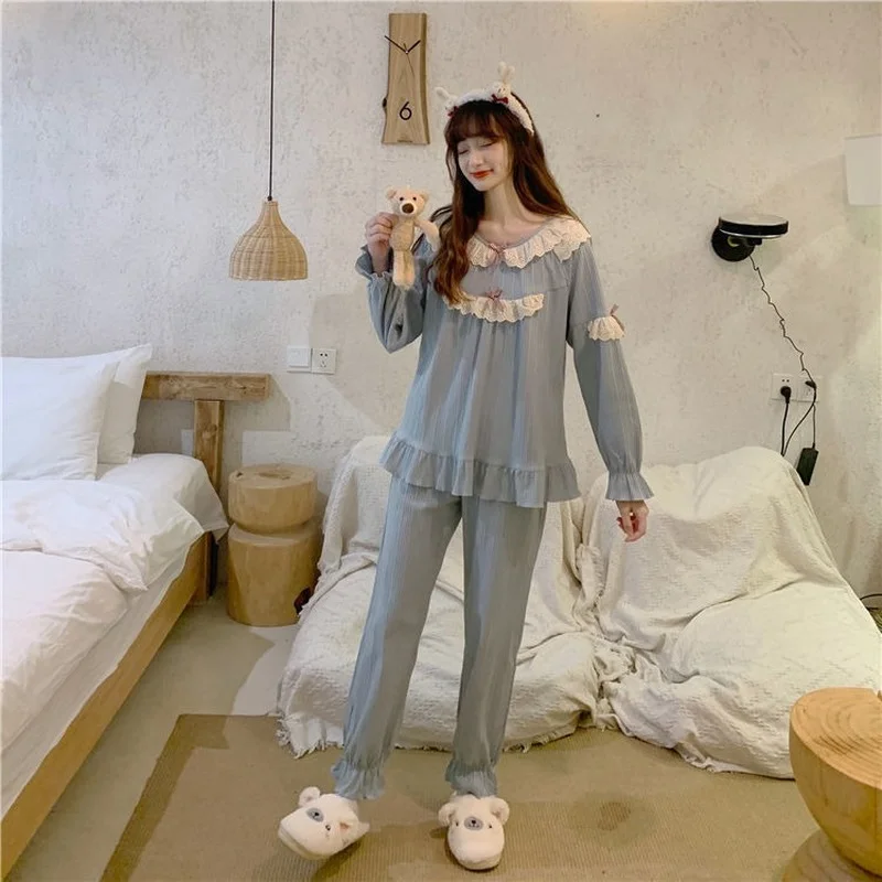 QWEEK Autumn Pajamas Womens Two Piece Sets Ruffles Bow Pijamas Kawaii Solid Color Pyjamas Purple Bule Sleepwear Home Clothes