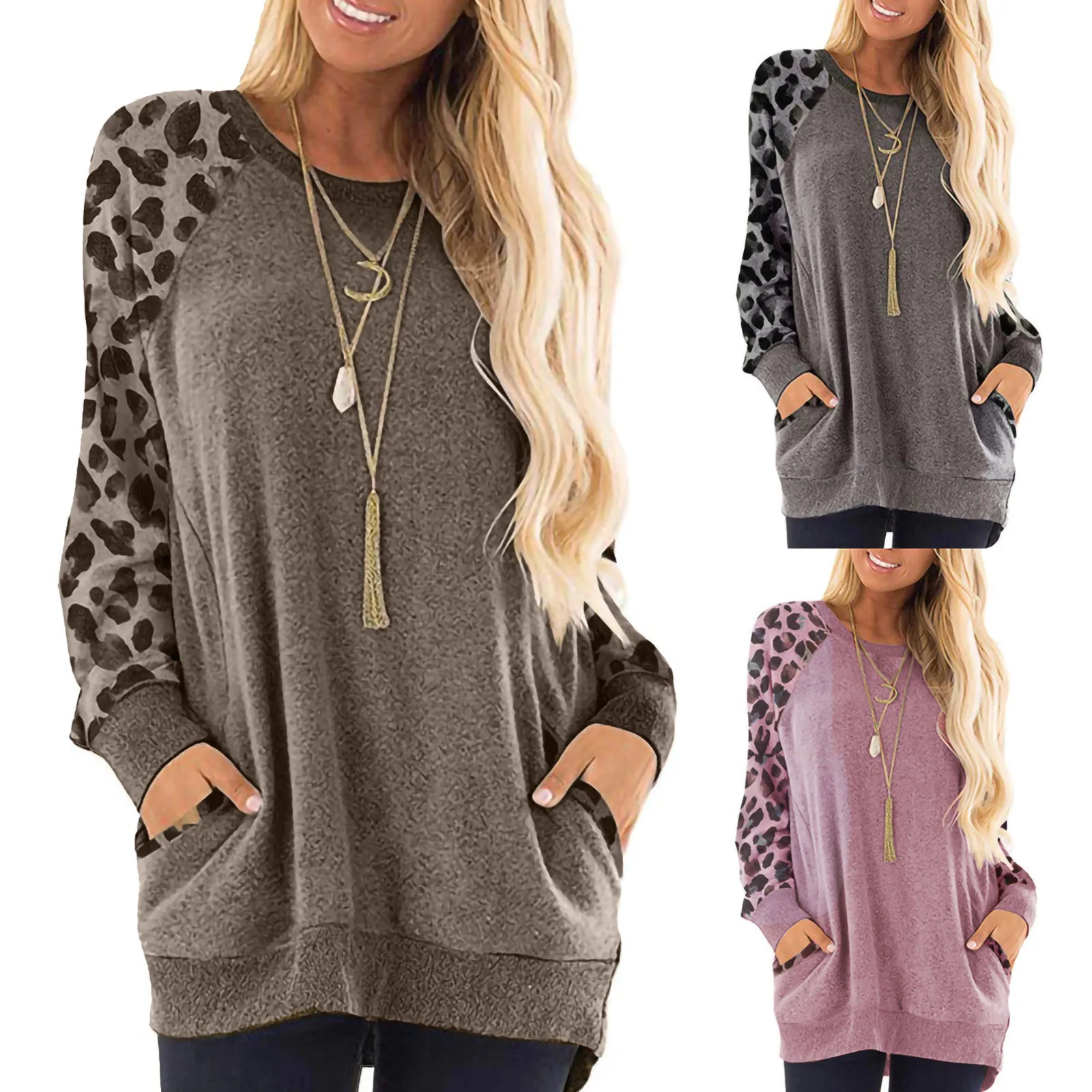 

Женский свитшот, Женский свитшот в стиле пэчворк с леопардовым принтом, свитшот с длинным рукавом, пуловер, рубашки, топ, Женская Повседневн...