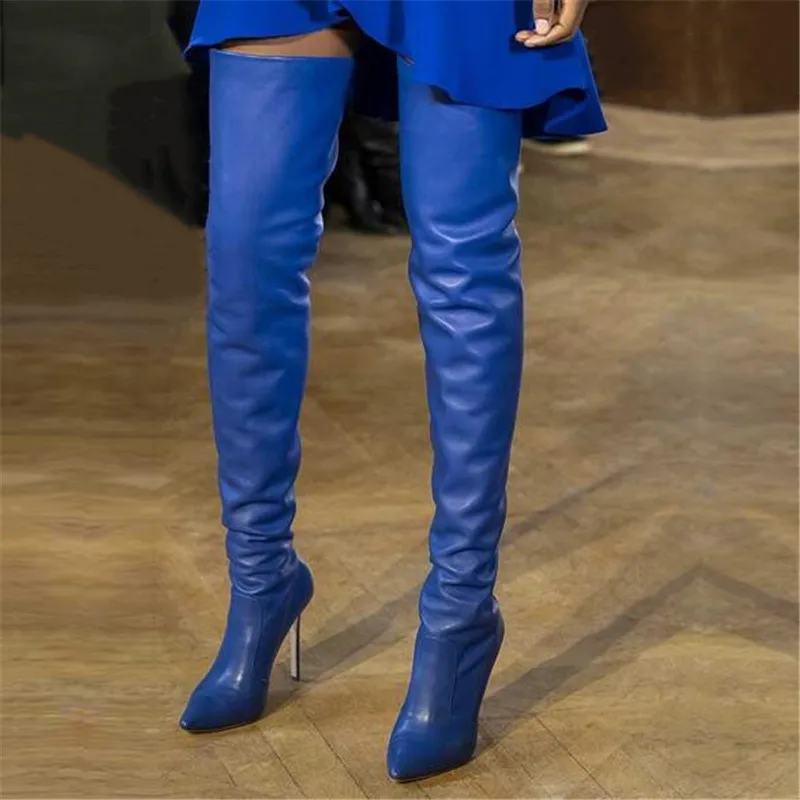 2019 г. Весенние сапоги выше колена для подиума женские синие с острым носком на