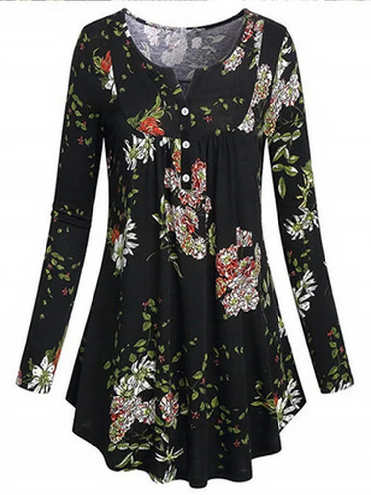 

Spring and Autumn Women's Leisure Walking Shopping Printing Front Collar Button Small V Collar Long Sleeve T-shirt Plus XXS-4XL