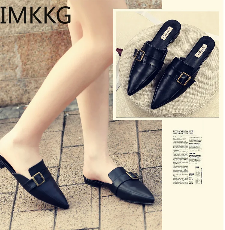 Женские мюли из ПУ кожи шлепанцы на плоской подошве заостренный носок без