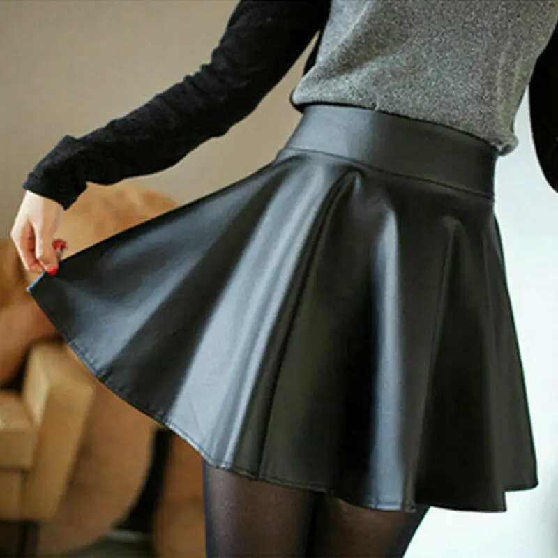 

Womens High Waist Faux Leather Pleated Flared Autumn/Winter Casual Mini Skirt