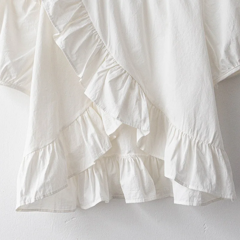 

Korean Ruffles Irregular Blouse Women Summer Puff Sleeve Kawaii Shirts Loose Crop Tops Blouses blusas mujer