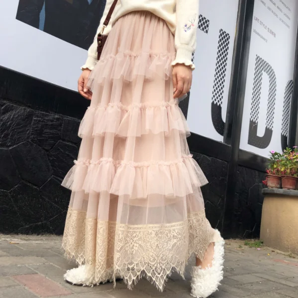 Милые тюлевые юбки Длинные одноцветные в сеточку для женщин 2020 многослойная юбка