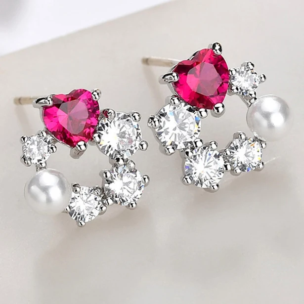 Изысканные серебряные серьги иглы для девушек с красным корундом и