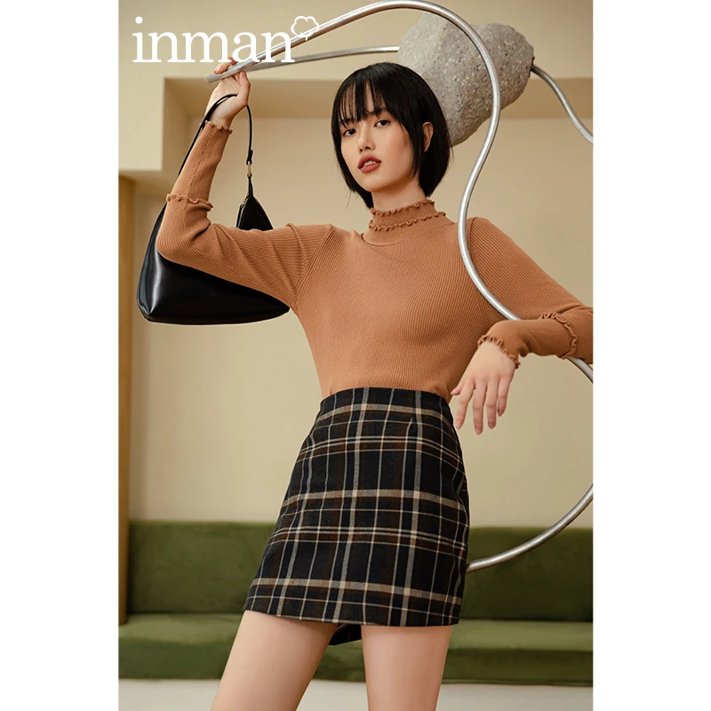 INMAN Сезон весна-осень Двойной кружевной пуловер с высоким воротником Свитер