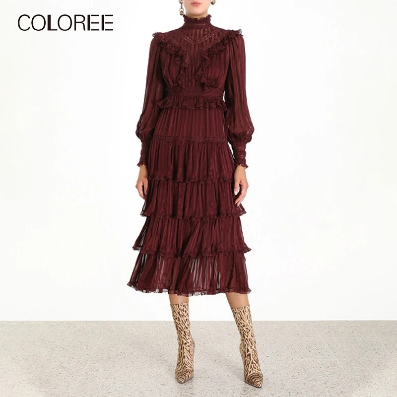 COLOREE Runway дизайнерское женское красное платье элегантное, миди винтажное платье с оборками, Повседневные Вечерние платья с длинным рукавом в стиле пэчворк