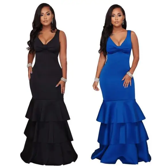 Элегантное платье с оборками и русалкой без рукавов v образным вырезом