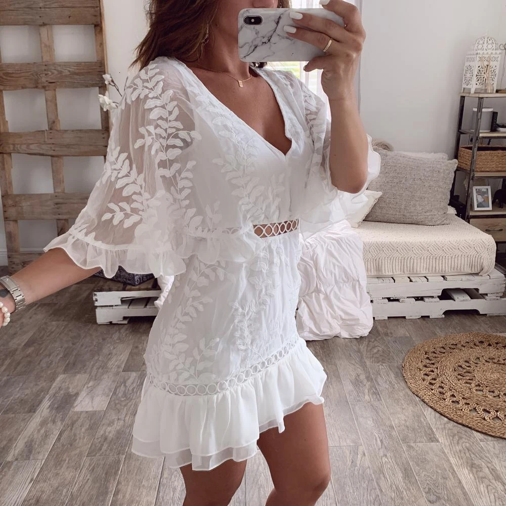 Dressmecb, Осеннее мини-платье с рукавом-бабочкой в стиле пэчворк, глубокий v-образный вырез, сексуальное платье с принтом, женское элегантное платье для офиса, женские вечерние платья