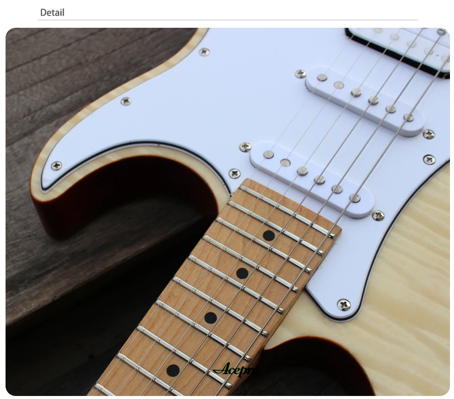 In Stock Acepro Electric Guitar, High quality Natural Flame Maple top Guitar, Wilkinson Tremolo Bridge, 2 Piece Mahogany Body