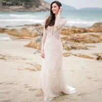 magic awn long sleeves beach lace wedding dresses mermaid illusion open back simple boho bridal gowns customized robe de mariage