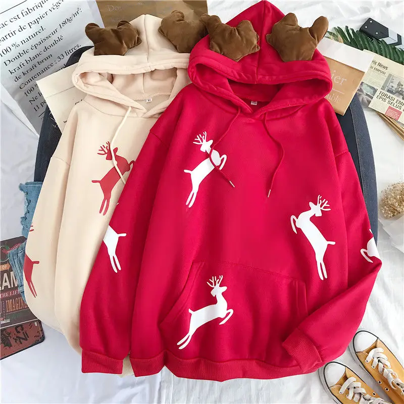 

Women winter jacket Red Kawaii sweatshirt Korean style Pullovers clothes Merry Christmas gift Snow deer print Harajuku hoodie