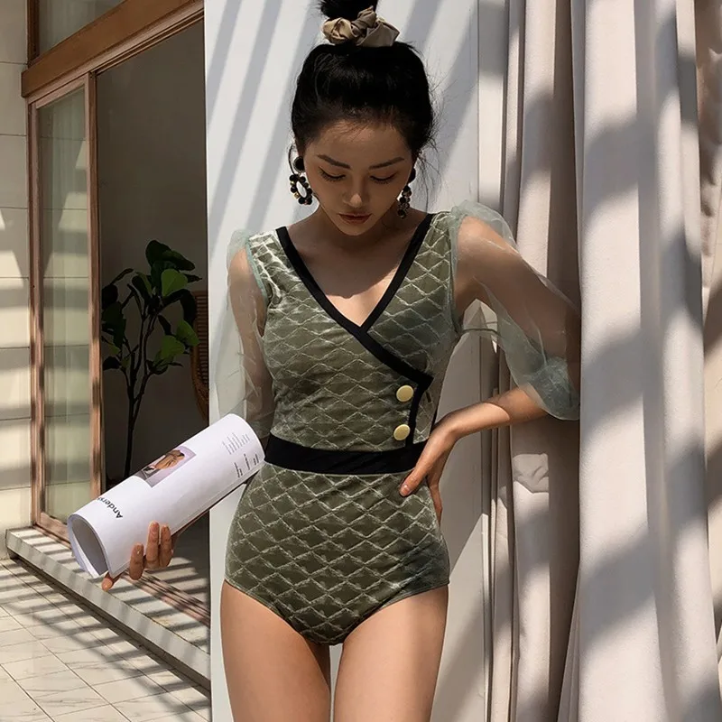

Nagodo Velvet Bikini 2020 Korean Style Plaid Slim Swimwear Women Vintage Mesh Long Sleeve One piece Swimsuit High Waist Bikini