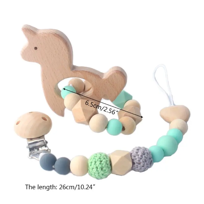 

2Pcs/set Wood Baby Teeth Chew Toys Silicone Nipple Chain Teething Bracelet Crochet Beads Clips Toddlers Chewable Toy