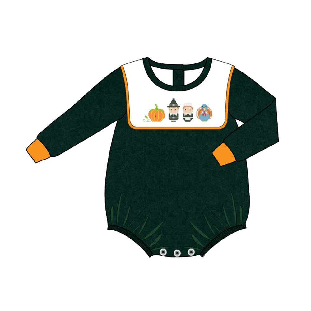 

Autumn Clothes Boy Orange Cuffs Dark Green Long Sleeve Thanksgiving Turkey Pumpkin Embroidery Pattern Toddler Romper