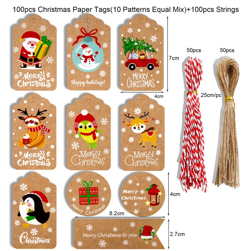 

100PCS Christmas Cartoon Kraft Paper Tags With Rope Vintage Xmas Tree/Santa Claus Crafts Hanging Labels Decor Home Supplies